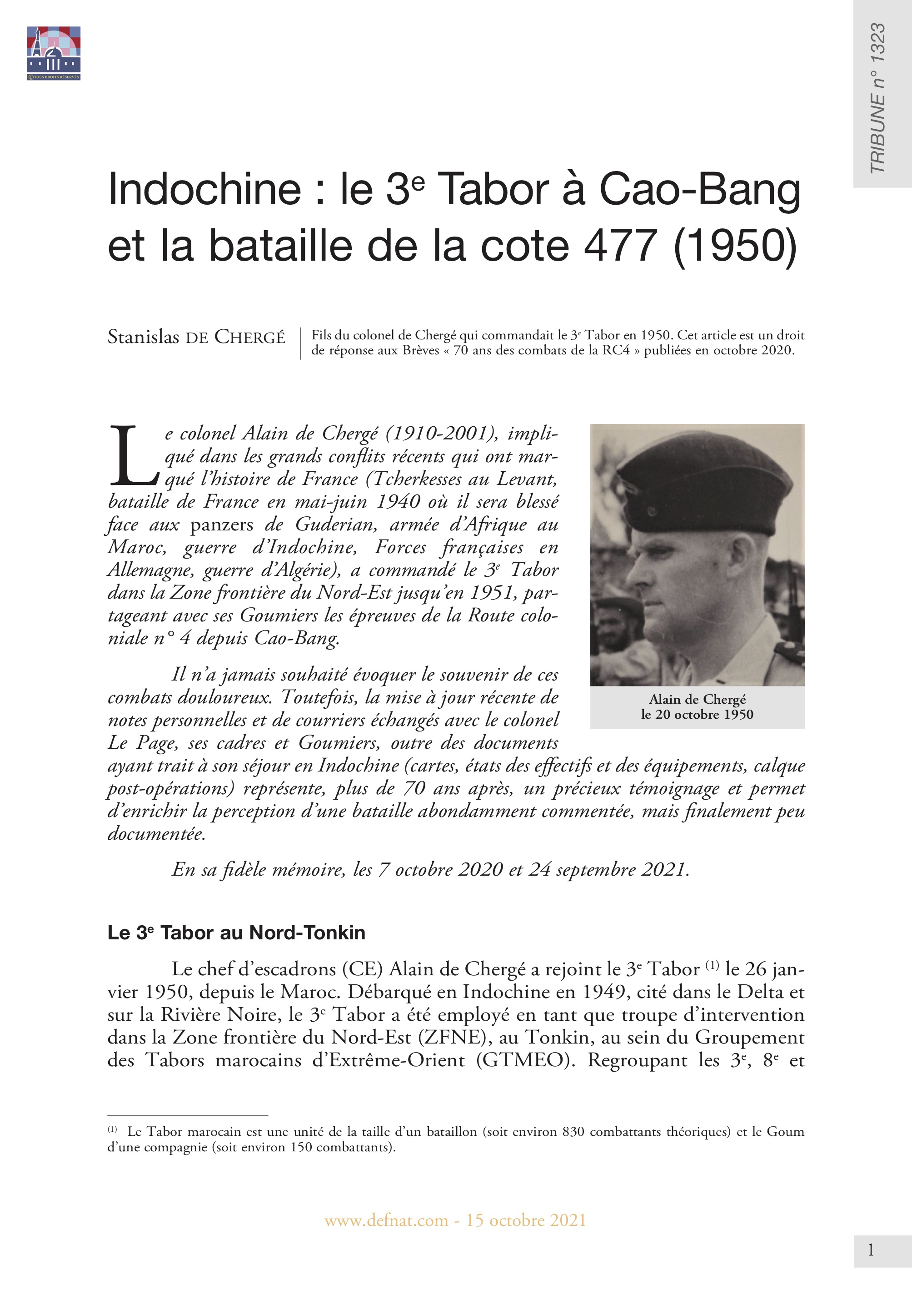 Indochine : le 3e Tabor à Cao-Bang et la bataille de la cote 477 (1950) (T 1323)
